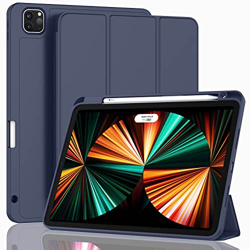ZryXal New iPad Pro 12.9 Inch Case 2022/2021/2020(6th/5th/4th Gen) with Pencil Holder,Smart iPad Case [Support Touch ID and Auto Wake/Sleep] with Auto 2nd Gen Pencil Charging (Dark Blue)