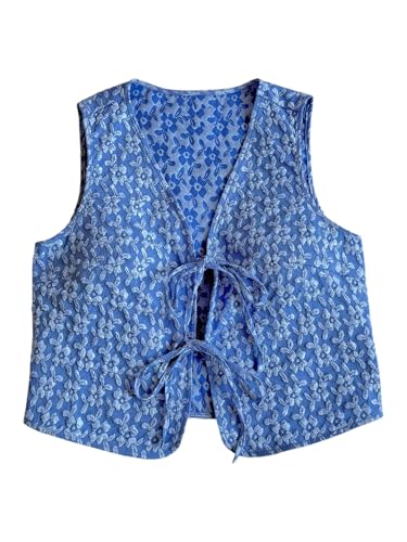 SHENHE Women's Tie Front Textured Floral Tank Top V Neck Sleeveless Casual Boho Vest