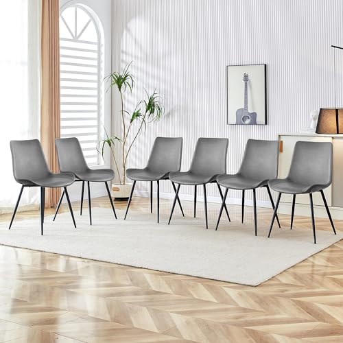 Image of Modern Dining Chairs Set of 6, PU Leather Dining Room Chairs, Upholstered Kitchen Chairs with Ergonomic Backrest & Sturdy Metal Legs, Perfect for Dining Room, Living Room, Grey
