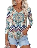Rapbin Tops para Mujer Manga 3/4 Elegante Cuello en V Flores Tops Verano 2026 Casual Blusas, Boho Blue, XXL