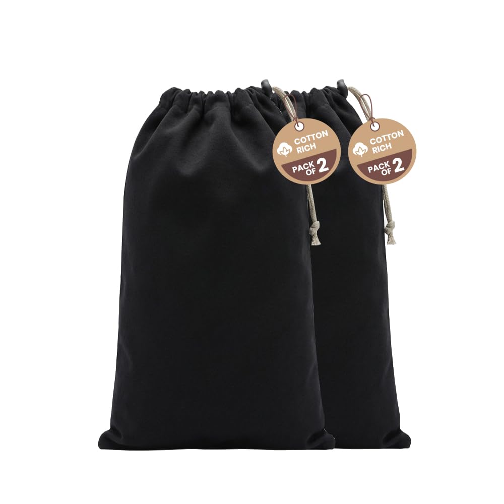 LFH Cotton Rich Shoe Storage Bags with Drawstring, Dustproof Breathable Reusable Organizer, Perfect For Travel, Dorm, Hotel, College, Gym, Machine Washable 8"x17" (Pack of 2) - Black sand