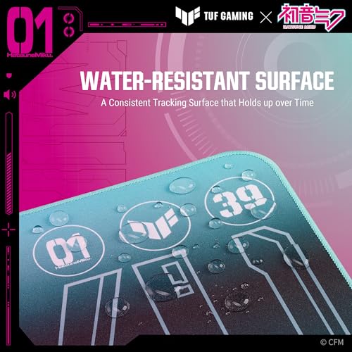 asus tuf gaming p1 hatsune miku edition portable gaming mouse pad  10 x 8 medium size aqua protective coating water-resistant surface durable anti-fray stitching non-slip rubber base