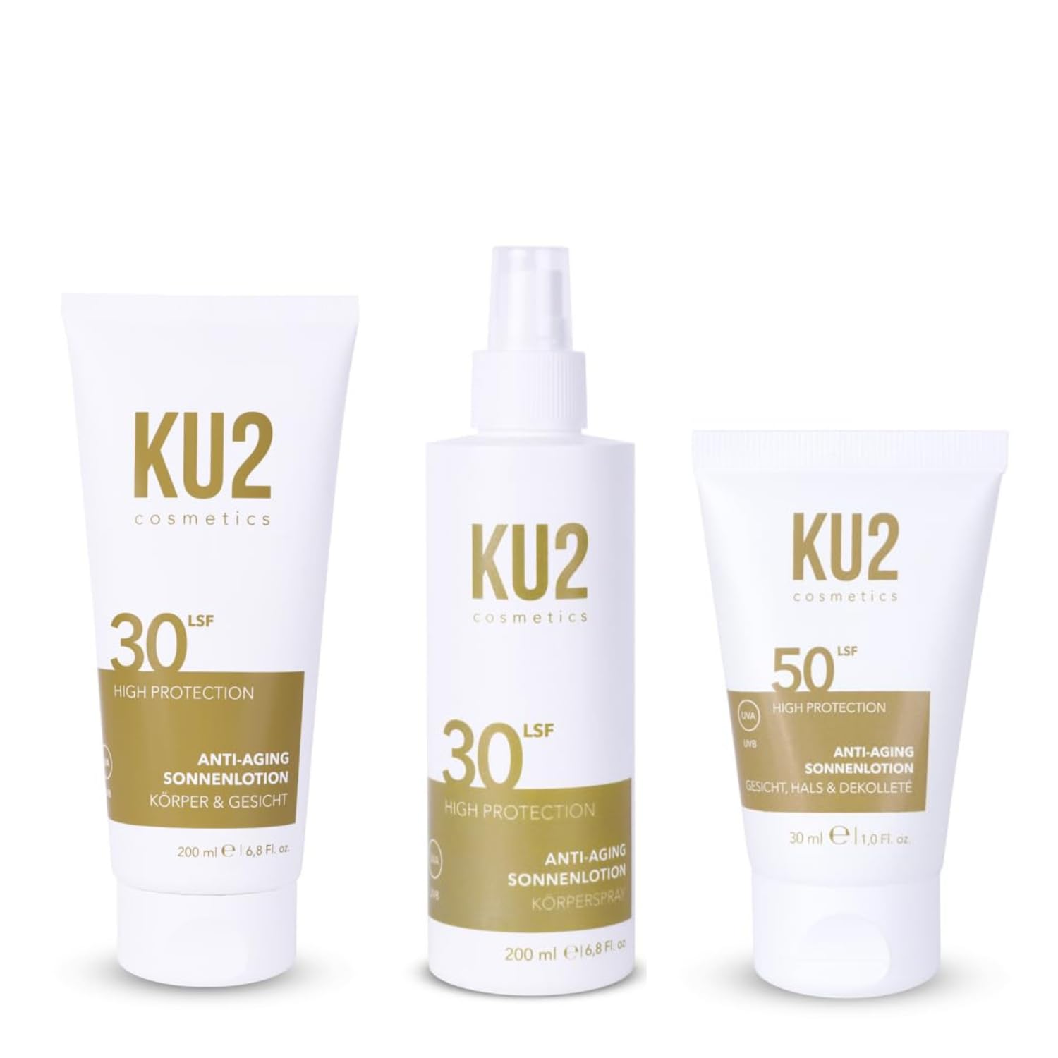 KU2 Anti-Aging Sonnenschutz X 3 – Sonnencreme Gesicht LSF 50 + Sonnenlotion Körper & Gesicht LSF 30 + Sonnenspray SPF 30 – UVA/UVB Schutz – Feuchtigkeitsspendend