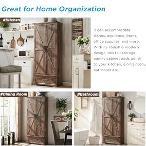 72" Farmhouse Kitchen Pantry Cabinet with Drawer, Tall Storage Cabinet with 2 Barn Doors and Shelves, Versatile Large Rustic Cabinet for Dining Room, Bathroom, Living Room, Rustic Brown 72 Farmhouse Kitchen Pantry Cabinet with Drawer Tall Storage Cabinet with 2 Barn Doors and Shelves Versatile Large Rustic Cabinet for Dining Room Bathroom Living Room Rustic Brown