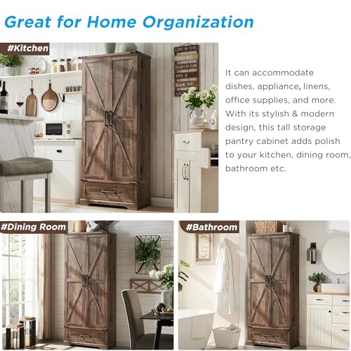 72-Farmhouse-Kitchen-Pantry-Cabinet-with-Drawer-Tall-Storage-Cabinet-with-2-Barn-Doors-and-Shelves-Versatile-Large-Rustic-Cabinet-for-Dining-Room-Bathroom-Living-Room-Rustic-Brown 72 Farmhouse Kitchen Pantry Cabinet with Drawer Tall Storage Cabinet with 2 Barn Doors and Shelves Versatile Large Rustic Cabinet for Dining Room Bathroom Living Room Rustic Brown
