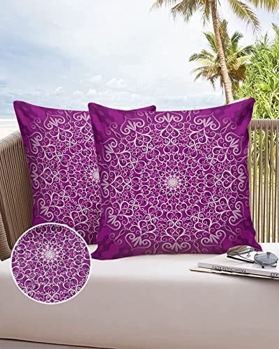 Edwiinsa Outdoor Pillow Covers Waterproof, White Waves Floral Line Mandala Pattern All Weather Cushion Case Set of 2, Purple Round Plants Decor Decorative Pillowcases for Sofa Couch Bed Patio 16