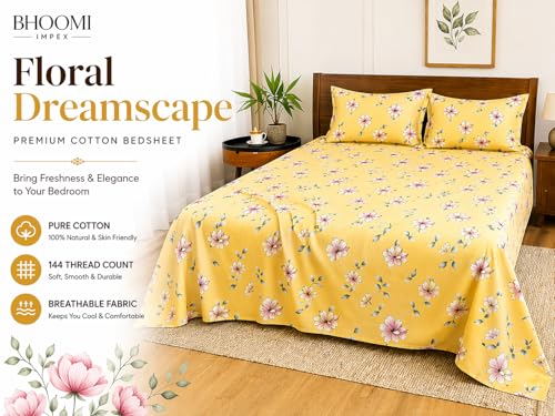 Image of Cotton Double Bedsheet with Pillow Covers - Floral Dreamscape Print, 144 TC Soft & Breathable Bedding Set (90x100 Inch), Premium Flat Bed Sheet