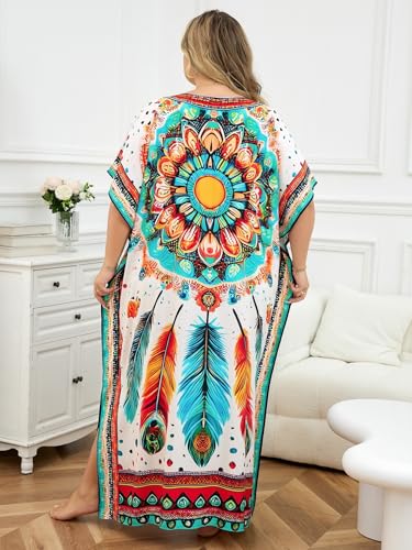 Image of KECVOT Kaftan Dresses for Women V-Neck Print Swimsuit Cover Up Plus Size Beach Caftan Lounge Dress