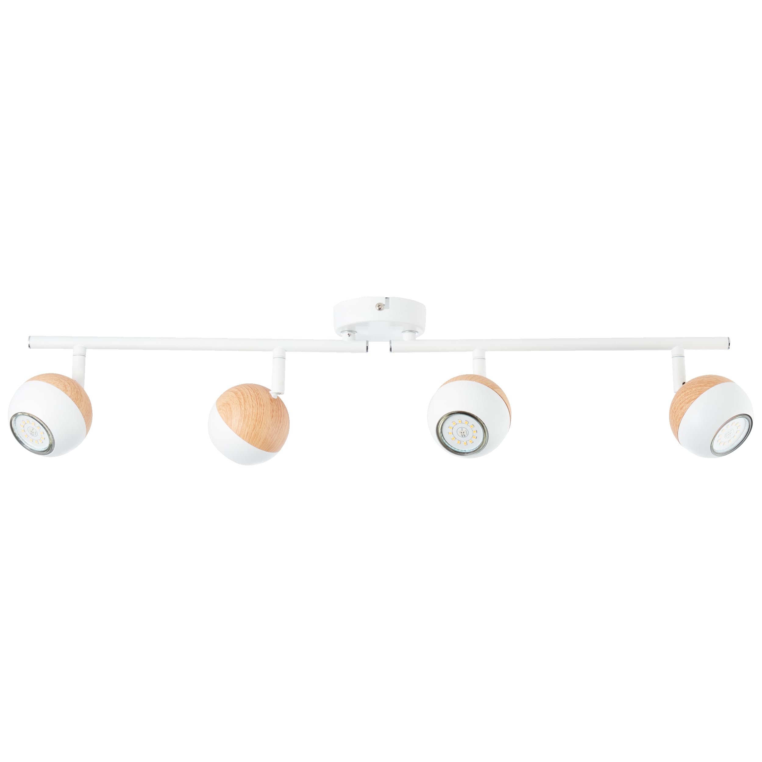 Lightbox Faretto da soffitto a LED con luce bianca calda - Tubo spot a 4 fiamme con teste orientabili - Plafoniera con lampadina inclusa e sostituibile - Metallo bianco/legno