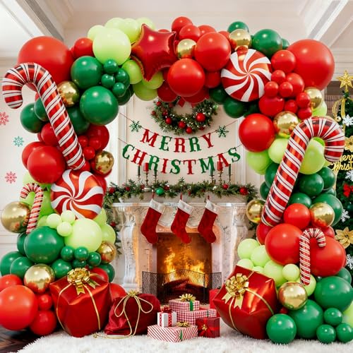 Christmas Balloon Arch Kit 150Pcs Red Green Gold Balloon Garland with Candy Cane Foil, Gift Box Balloons, Red Star Balloons for Xmas Party Decorations, Christmas Balloon Arch Garland for Holiday Decor