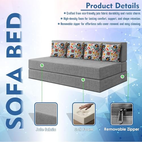 Image of Los Angeles Foldable Four Seater Sofa Cum Bed, Sofa Bed 6 X 6 Feet Jute Fabric Washable Cover Including 4 Cushion Perfect for Living Room & Office, Guest Room - Grey Color