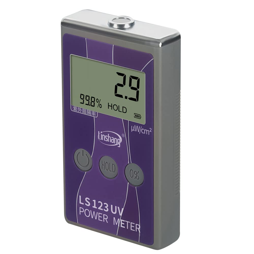 Linshang LS123 UV Power Meter displaying a UV blocking rate of 99.8%