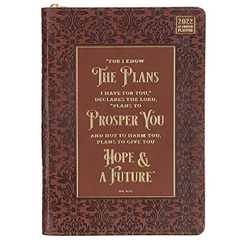 Christian Art Gifts 2022 Executive Planner w Scripture Hope and A Future Jeremiah 29:11 Personal Organizer w Daily Weekly Agenda Calendar, Faux Leather, Zipper Closure, Brown Floral