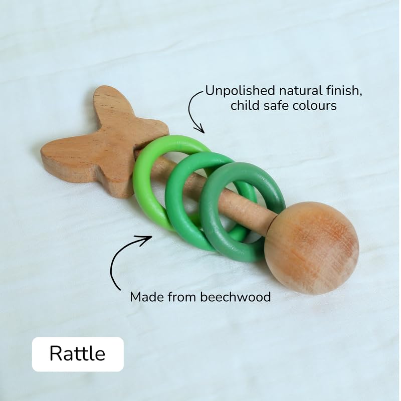 Image of Baby Gift Set - Bageecha | Newborn Gift Set with Muslin Swaddle, Wooden Rattle, Rolling Toy & Neem Wood Teether | 3 Months+ | Handmade in India | Non Toxic Baby Gift