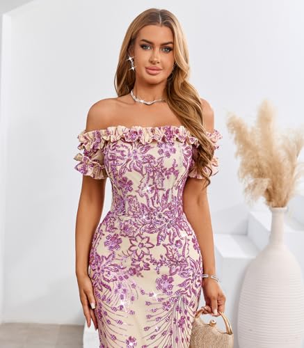 Image of dasmzper Women Sexy Sequin Off Shoulder Ruffle Short Sleeve Bodycon Mermaid Party Formal Evening Maxi Dress