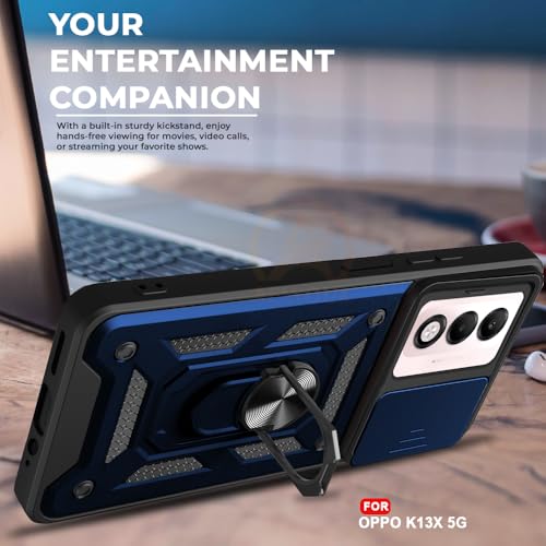 Image of Armor Bumper Back Cover Case for Oppo K13X 5G | Rotating Camera Cover, Ring Holder & Kickstand | Heavy Duty & 360 Degree Protection Oppo K13X 5G Back Cover (Blue)