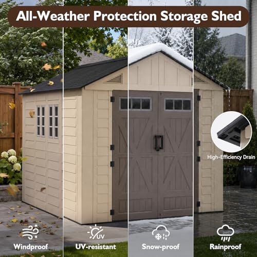 Image of LazySunsets 8x10 Ft Outdoor Storage Shed with Light, Large Resin Outdoor Shed with Floor Included, 3 Windows & Lockable Door, Garden Plastic Storage Sheds for Bike, Lawn Tools, Garbage Can