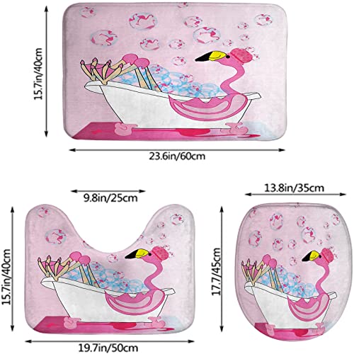 Badezimmerteppich-Set, 3-teilig, Bubble Bath Time Flamingo, waschbare Badeteppiche, rutschfest, mit Rückenpolster, Konturteppich und Toilettendeckelbezug – Bild 3