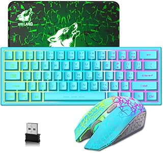 60% Compact wireless gaming keyboard and mouse set, 3800mAh Type-c Rechargeable RGB Rainbow Light up keyboard Mechanical Feel Breathing Backlight Light Mouse green mouse pad for PC Laptop ps4 Blue