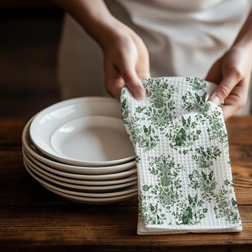 Image of Chinoiserie Boston Terrier Kitchen Towels, Green and White Floral Dog Dish & Tea Towels 16x24 Inch, Vintage Toile Farmhouse Kitchen Bathroom Decor, Dog Lover Gifts
