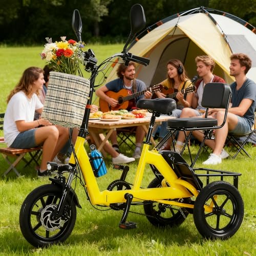 Kompaktes Faltbares Elektro-Dreirad für Erwachsene, Elektrofahrräder, Elektromobil, Bürstenloser Motor, 48V 10.4Ah, 11–20 km/h, 14' Reifen, Maximale Belastung: 180 kg, Für Stadt&Einkäufe Yellow