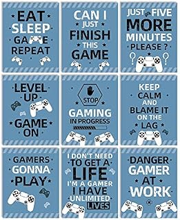 KAIRNE Gaming Art Print, Funny Video Game Canvas Paintings Poster,Set Of 9(8X10,Unframed),Inspirational Saying Quote Gaming Theme Wall Art For Boy Bedroom Playroom Decor