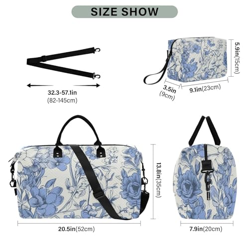 Large Travel Duffel Bag, Blue White Flower Sports Tote Gym Bag, Shoulder Weekender Overnight Bag for Women Men, Carry On Luggage with Toiletry Bags3