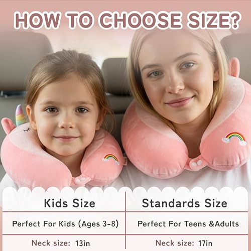 Image of Kids Travel Neck Pillow for Ages 3-8, Memory Foam, Removable Cover, Unicorn | Machine washable, 13 in neck size, hidden zipper, 360-degree head and chin support, car seat and airplane use