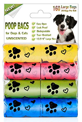 Yingdelai Dog Poop Bags - 160 Counts Biodegradable Large Doggy Waste Bags Unscented Refill Rolls