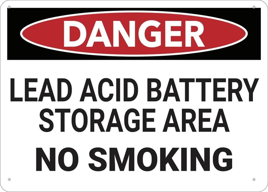 Danger Lead Acid Battery Storage Area No Smoking Rust Free Aluminum Sign - UV Printed Decor with Pre-Drilled Holes for Home Garage, Auto Shop - 12x16 Inch​