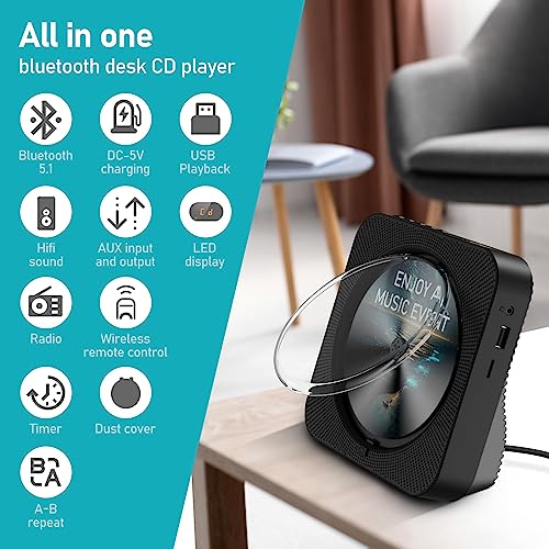 Image of MICOCIOUS Bluetooth Desktop CD Player With Speakers for Home, LED Display, FM Radio, Timer, RC - Supports Headphone /USB /TF /AUX Playback