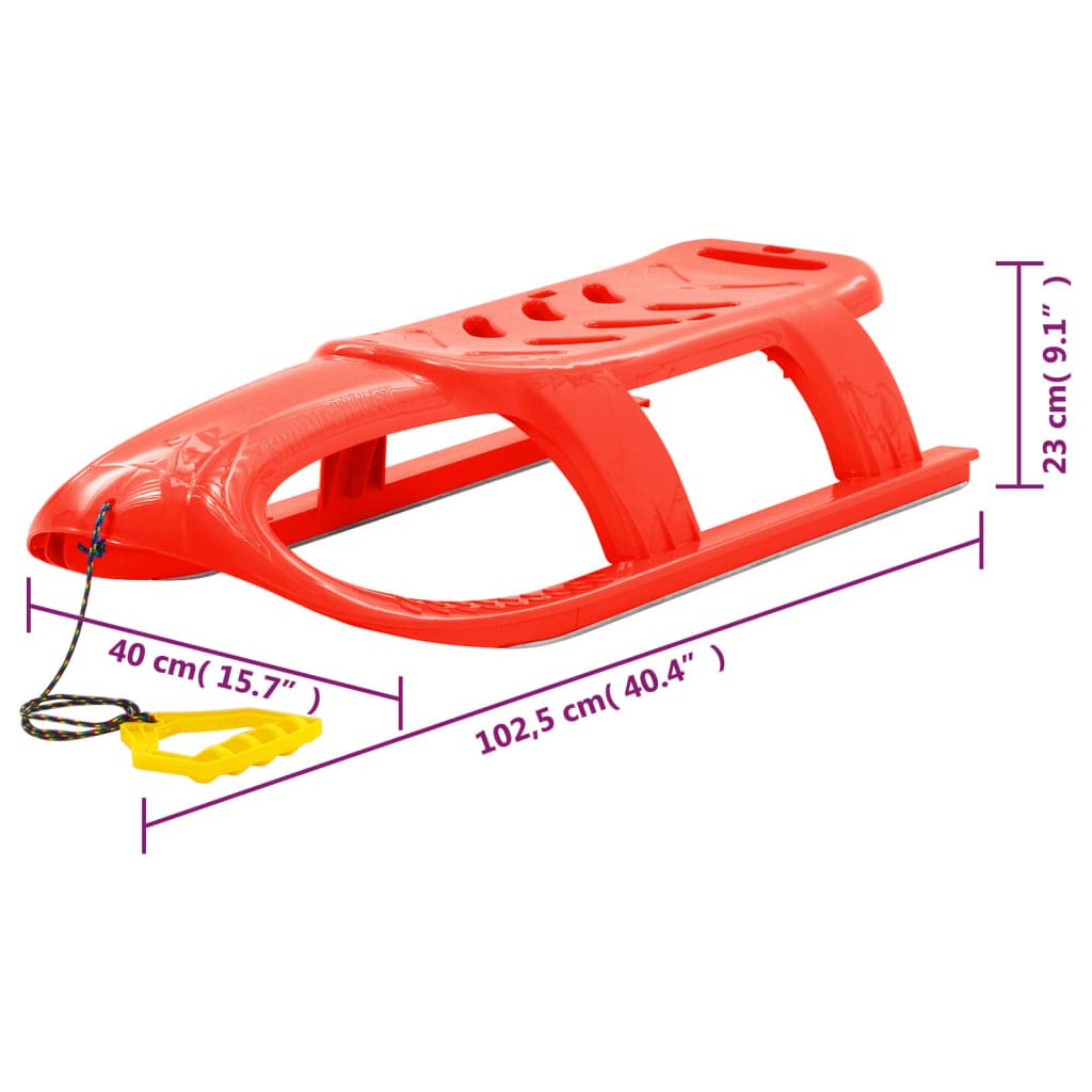 Schlitten für Kinder Rot aus robustem Polypropylen mit Zugseil und Stahlkufen 102,5x40x ideal für Schnee Winter Berg Piste Outdoor Familienfahrten