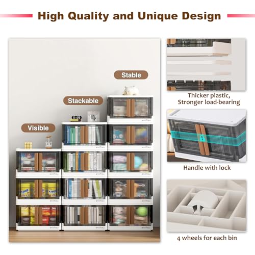Karramlili Stackable Storage Bins With Lids,Collapsible Closet Organizers and Storage,Foldable Box with Wheels Containers for Home Kitchen Office Storage(3 Pack, 8.5Gal)