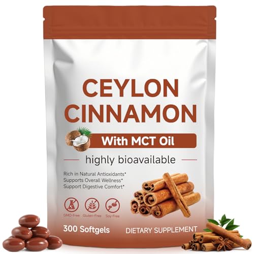 Ceylon Cinnamon Capsules 300 Softgels - Cinnamon Supplements with MCT Oil - Natural Antioxidant - Supports Normal Glucose Metabolism Cardiovascular Wellness & Digestive Balance for Adults
