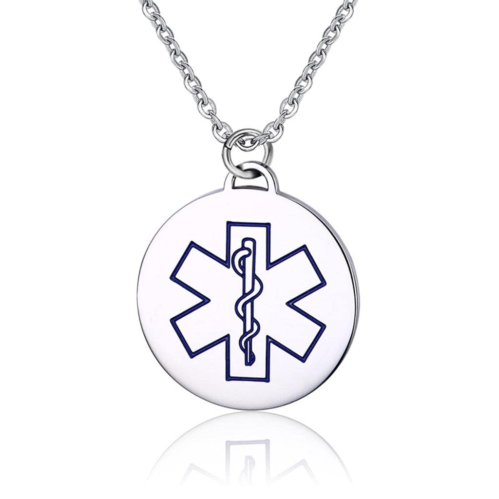 CALANDIS Charm Medical Alert ID Stainless Steel Round Engraved Pendants  Necklace Blue