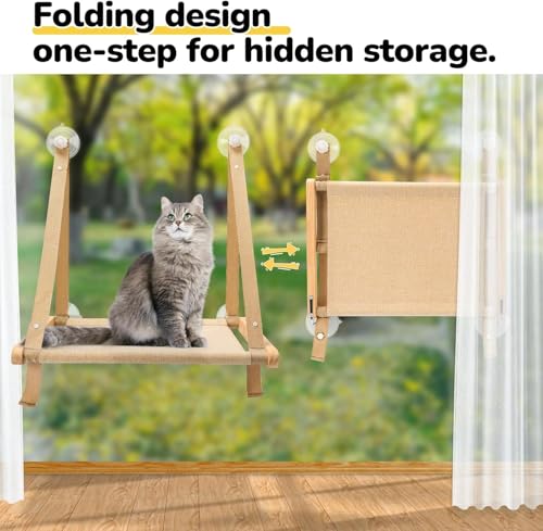 CATISM Faltbare Katzen Fensterliege mit Kissen bis 20 kg, Katzenhängematte Fenstersitz, Katzenfensterhängematten Bett für Indoor Katze, Große Katzen Sitzstange mit Stabilen Saugnapf (50 x 38 cm)