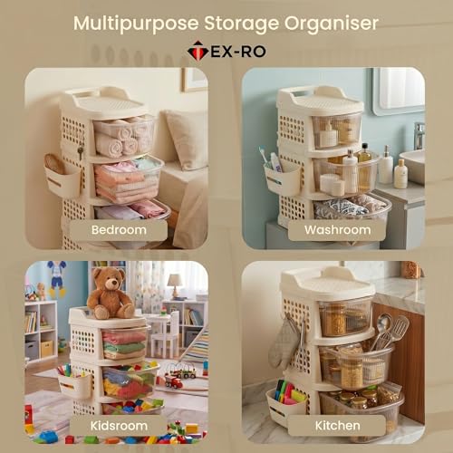 Image of TEX-RO 5 Layer Plastic Drawer Cabinet with Wheels & Side Hooks | Stackable Storage Trolley Organiser for Kitchen | Multipurpose Drawers Organisers Rack with Basket - Transparent And Ivory