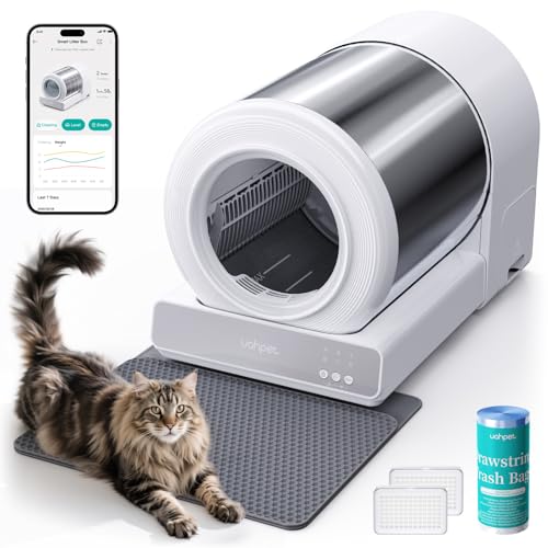 uahpet Stainless Steel Self Cleaning Cat Litter Box, Automatic Cat Litter Box with APP Control, Lower Entry, Safety Sensors Includes Mat & Trash Bags