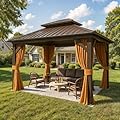 MELLCOM 10' x 12' Gazebo, Hardtop Double Roof Gazebo with Aluminum Frame, Galvanized Steel Outdoor Pavilion with Curtain and Netting for Patio, Garden, Lawn, Brown