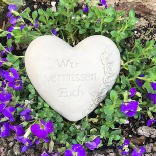 Radami Grabherz Gedenkstein - Wir vermissen Euch - Grabschmuck Grabdeko Trauerherz 10cm, Handarbeit Natur -grau