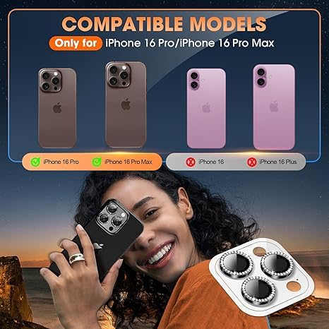 Image of for iPhone 16 Pro /16 Pro Max Camera Lens Protector Bling Individual Metal Diamond Ring 9H Hardness Scratchproof Protector, Stylish Phone Accessories, Case Friendly (Black Diamond)