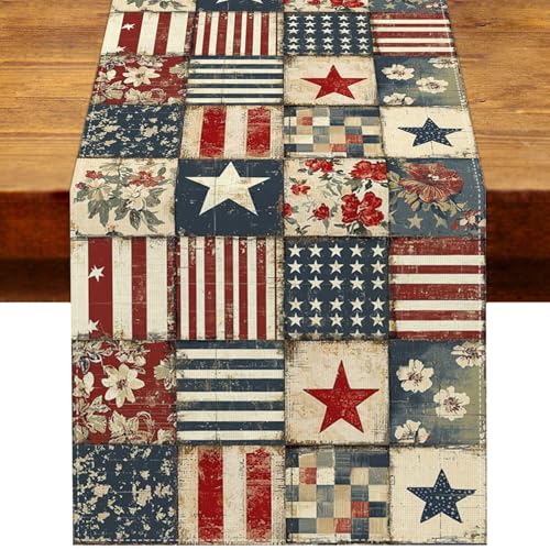 Heyfary Vintage 4th of July Table Runner Retro Patchwork American 250th Anniversary Memorial Independence Day Patriotic Party Decoration Home Kitchen Table Decor