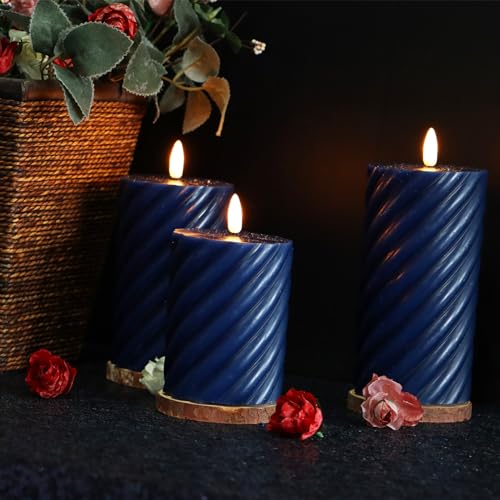 Real Wax Spiral Flameless Candles with Timer Battery Operated LED Pillar Candles Flickering Flame Electric Lights for Wedding Holiday Party Home Decor Valentine's Day Christmas Gifts,3 Pack(Navy)