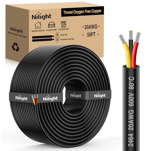 Image of Nilight 50FT 20AWG 3 Conductor Wire Tinned Copper Red Black Yellow | 3 Electrical Wire Tinned Oxygen Free Copper Parallel 600V DC Flexible PVC Case Extension Cords for LED Strip Lamp Lighting