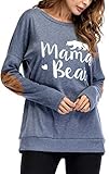 FANTIGO Mama Bear Womens Casual Long Sleeve Crew Neck Letter Print Elbow Patch T-Shirt Tops Blouse Blue S