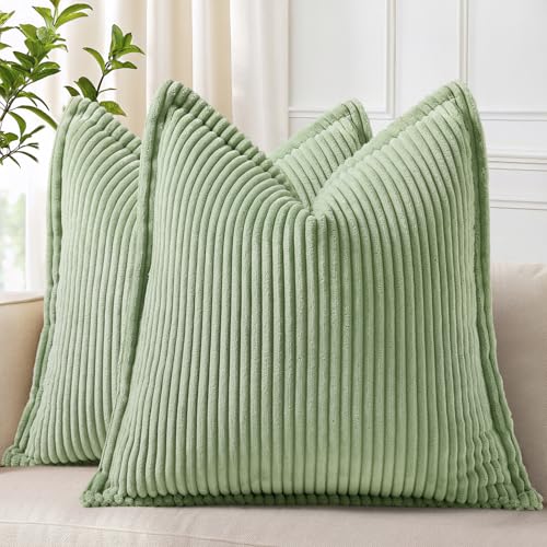 decorUhome Corduroy Sage Green Throw Pillow Covers 16x16 Set of 2 Decorative Soft Boho Striped Neutral Euro Farmhouse Couch Pillow Cases with Broadside for Living Room Bed Sofa