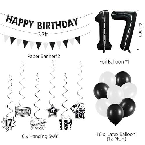 Image of Holkcog 17th Birthday Decorations for Boys Girls, Black 17th Birthday Decorations Supplies, 17 Number Ballons Gifts, Black Glitter Bruh I'm 17 Cake Topper Cupcake, Bro I'm 17 Party Backdrop Banner
