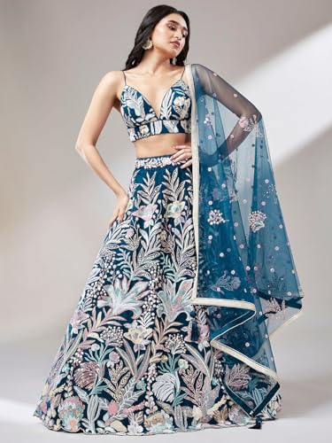 Image of Zeel Clothing Women's Sequins Embroidered Fabric Soft Net Lehenga Choli With Dupatta (6032-Blue-Wedding-Stylish-Lehenga-Choli-Latest; Free Size), Customizable Length
