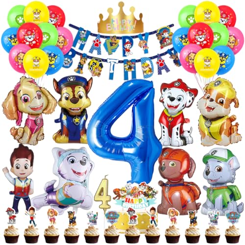 Patrol Geburtstag Deko 4 Jahre, Paw Luftballon Kindergeburtstag Jungen M&auml;dchen, Cartoon Dog Ballons Set, Hund Dog Patrol Blau Luftballon 4 Geburtstag, Tortendeko f&uuml;r 4 Jahre Kindergeburtstag Partydeko