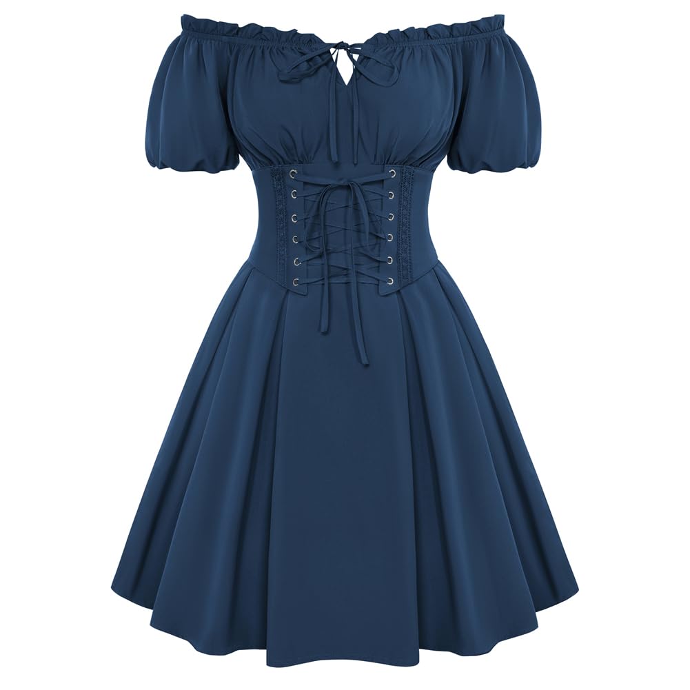 SCARLET DARKNESS Damen Renaissance Kleider Schulterfrei Kurzarm Corsagenkleid mit Gürtel Gesmokt Kleid